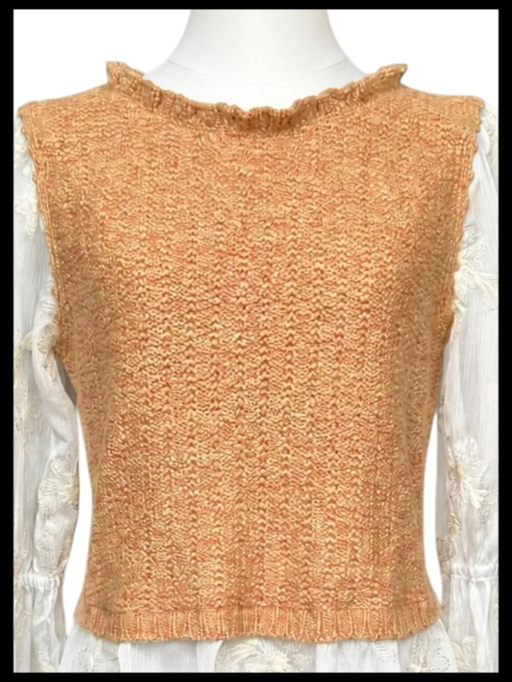 Anthropologie Layered Knit Cropped Vest Cream Orange Lace Embroidered Blouse_S